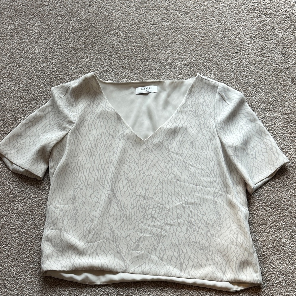 Aritzia Cream Textured V-Neck Short Sleeve Top